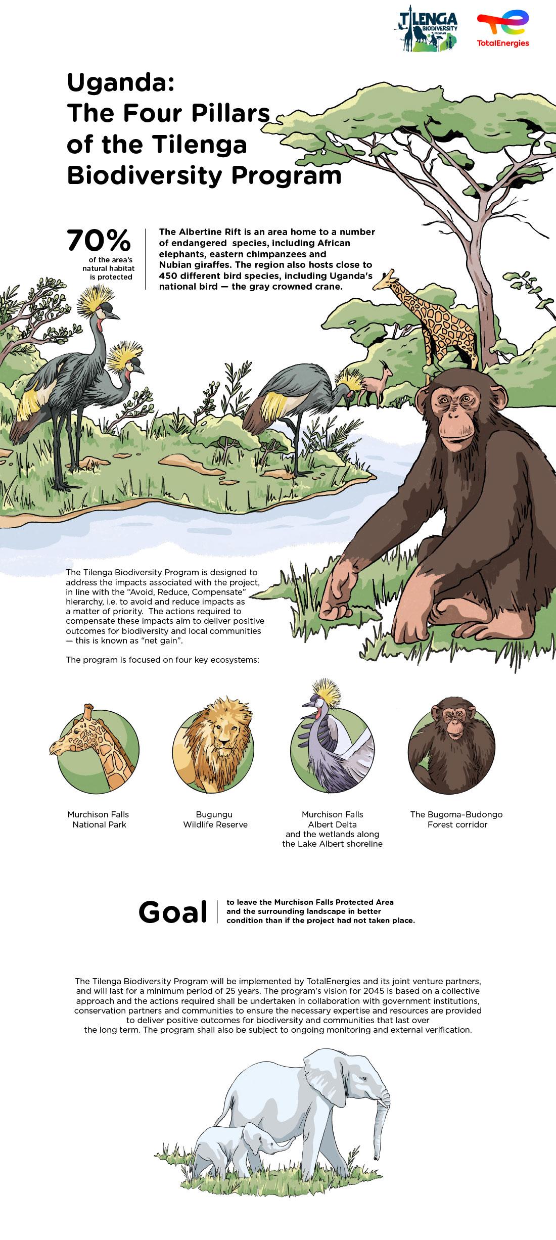 Infographics « Uganda: The Four Pillars of the Tilenga Biodiversity Program » - see detailed description hereafter