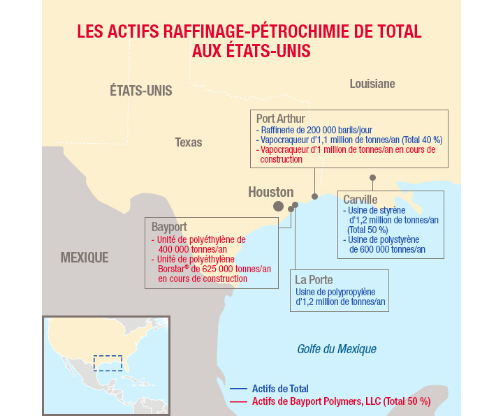 Carte des actifs raffinage-pétrochimie de Total aux États-Unis (Borstar Port-Arthur)