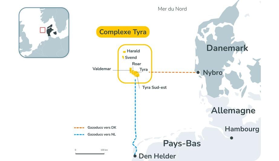 situation géographique du complexe Tyra en mer du Nord - voir description ci-après